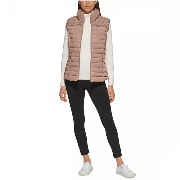 New Calvin Klein Sherpa Trim Puffer Vest - Blush Women's Jacket Sleeveless - Picture 4 of 9